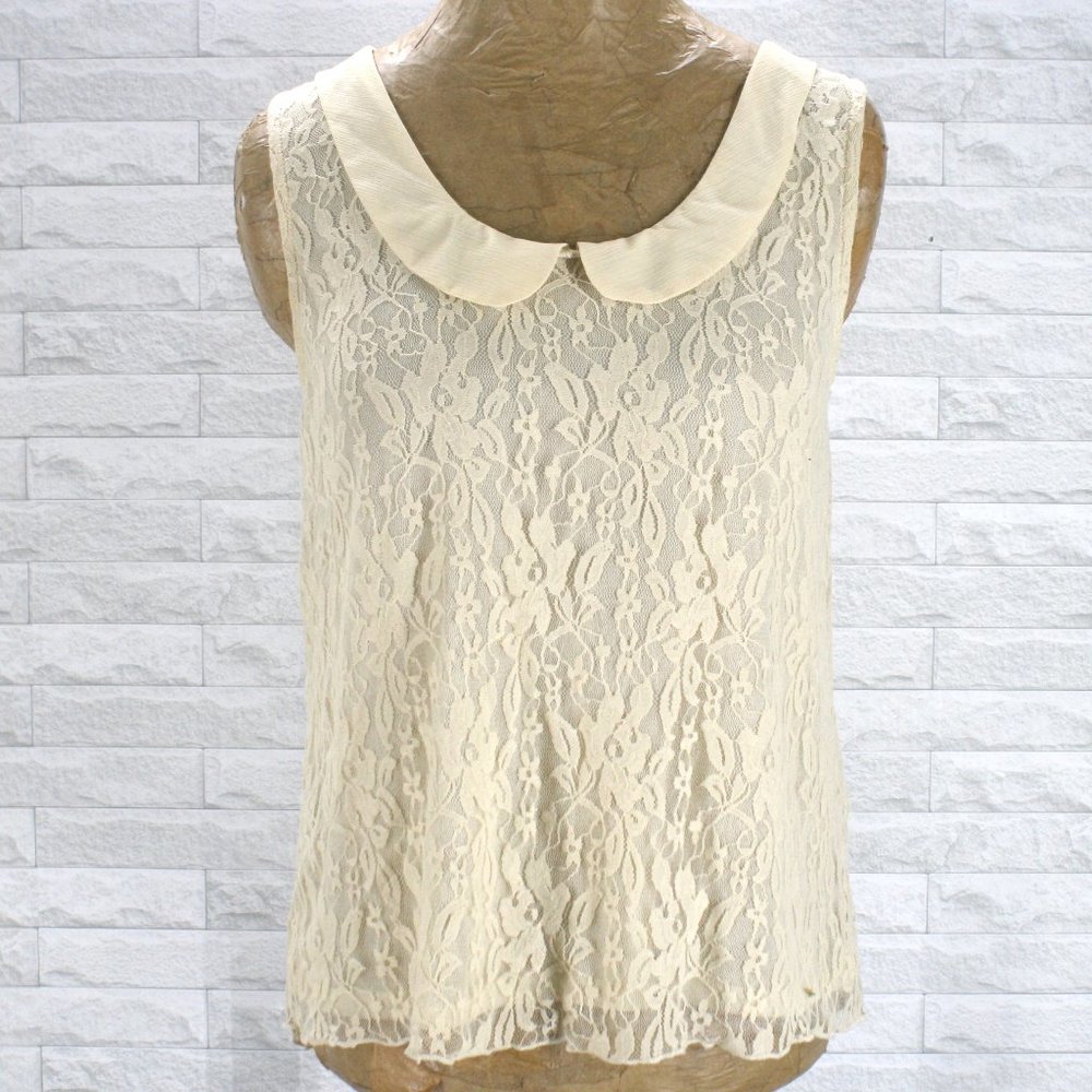 ABOUT A GIRL Top Lace Floral Sleeveless Peter Pan Collar Feminine Cream Small